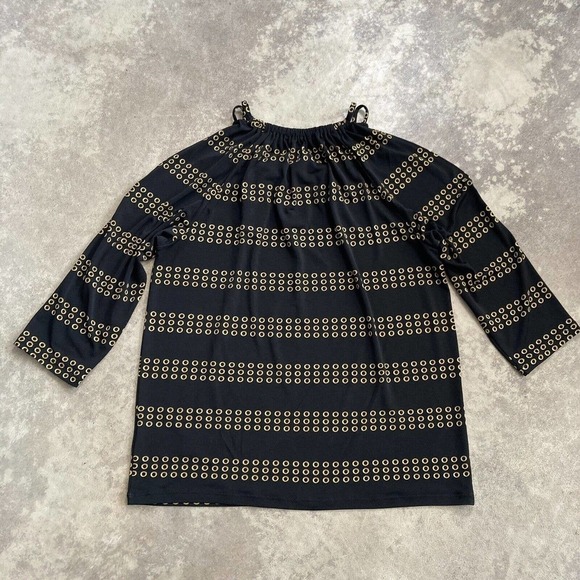 Michael Kors Cold Shoulder Black Blouse Gold Logo Hardware Strappy Blouse Size M - Picture 8 of 11